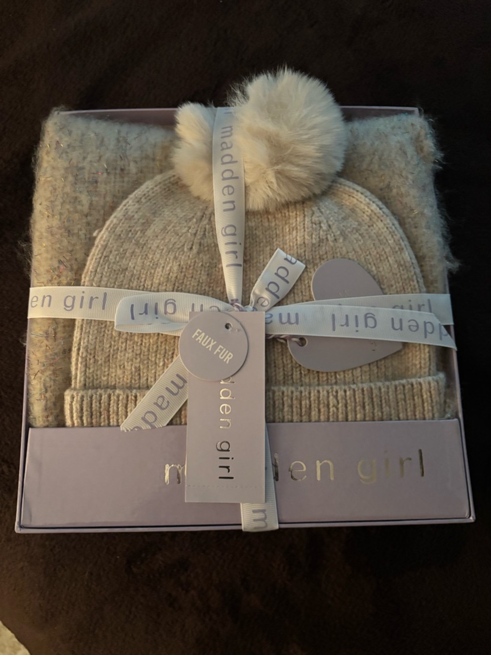 Madden Girl Cream Knit Beanie and Matching Scarf Gift Set